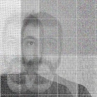 Portrait of Emilio, rendered as a monochrome grid